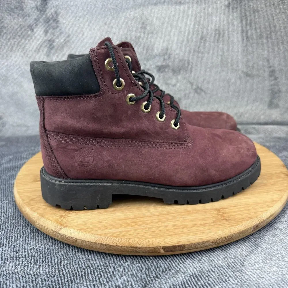 Timberland Boots Boys Size 2 Burgundy 6-Inch Nubuck Lace Up Lug Sole Youth A5Y3W